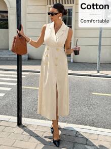 Siren Gaze 女式纯色翻领双排扣无袖休闲连衣裙 - 杏色 - 查看 6