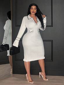 Slaydiva 2025 秋冬新款休闲通勤优雅浪漫日常正式办公室装，Office Siren，Easywear 优雅通勤连衣裙，针织黑白撞色中长连衣裙，长袖喇叭袖 Polo 领大码女式针织连衣裙 - 彩色 - 查看 3