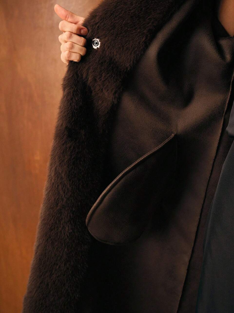 SLANT POCKET BELTED FAUX FUR COAT