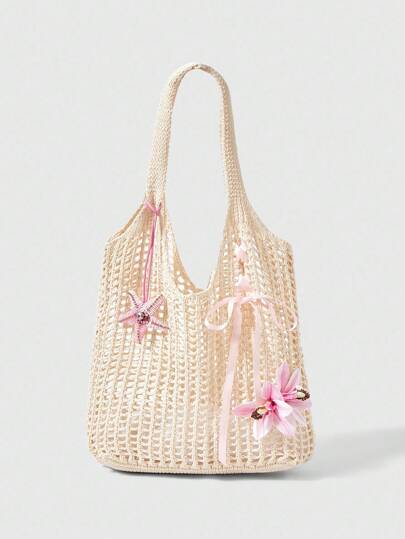 Fairycore 1 pieza Bolso de playa estilo bohemio, bolso de red calado para mujeres, adecuado para vacaciones, decorado con flores tropicales artificiales (incluye decoración DIY)