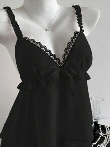 Flirla Black Elegant V-Neck Ruffle Trim Chiffon Layered Cami Top, For Going Out - Black - View 6