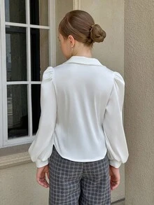 少女优雅纯色灯笼袖衬衫 - 白色 - 查看 2