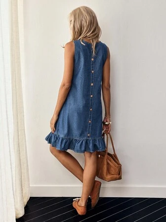EMERY ROSE Button Back Ruffle Hem Denim Dress