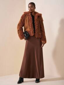 Zivah Nuevo lanzamiento de otoño 2025, adecuado para fiesta de cumpleaños, estilo escolar, uso diario, casual, vacaciones, viajes en crucero, playa, tomar el sol, viral, estilo callejero, estilo de motocicleta, club, chaqueta de mujer de otoño/invierno con cuello de piel, cárdigan tubular de parches de piel, puños de piel, tela de piel rojiza - Marrón - Ver 6