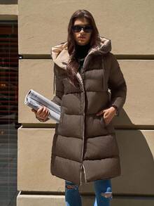 EURMUSE Women's Two-Tone Hooded Pocket Zip-Up Mid-Length Winter Jacket - Mocha Brown - View 6