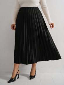 EURMUSE Váy da PU xếp ly cạp cao cỡ lớn không kèm thắt lưng - màu đen - Xem 5