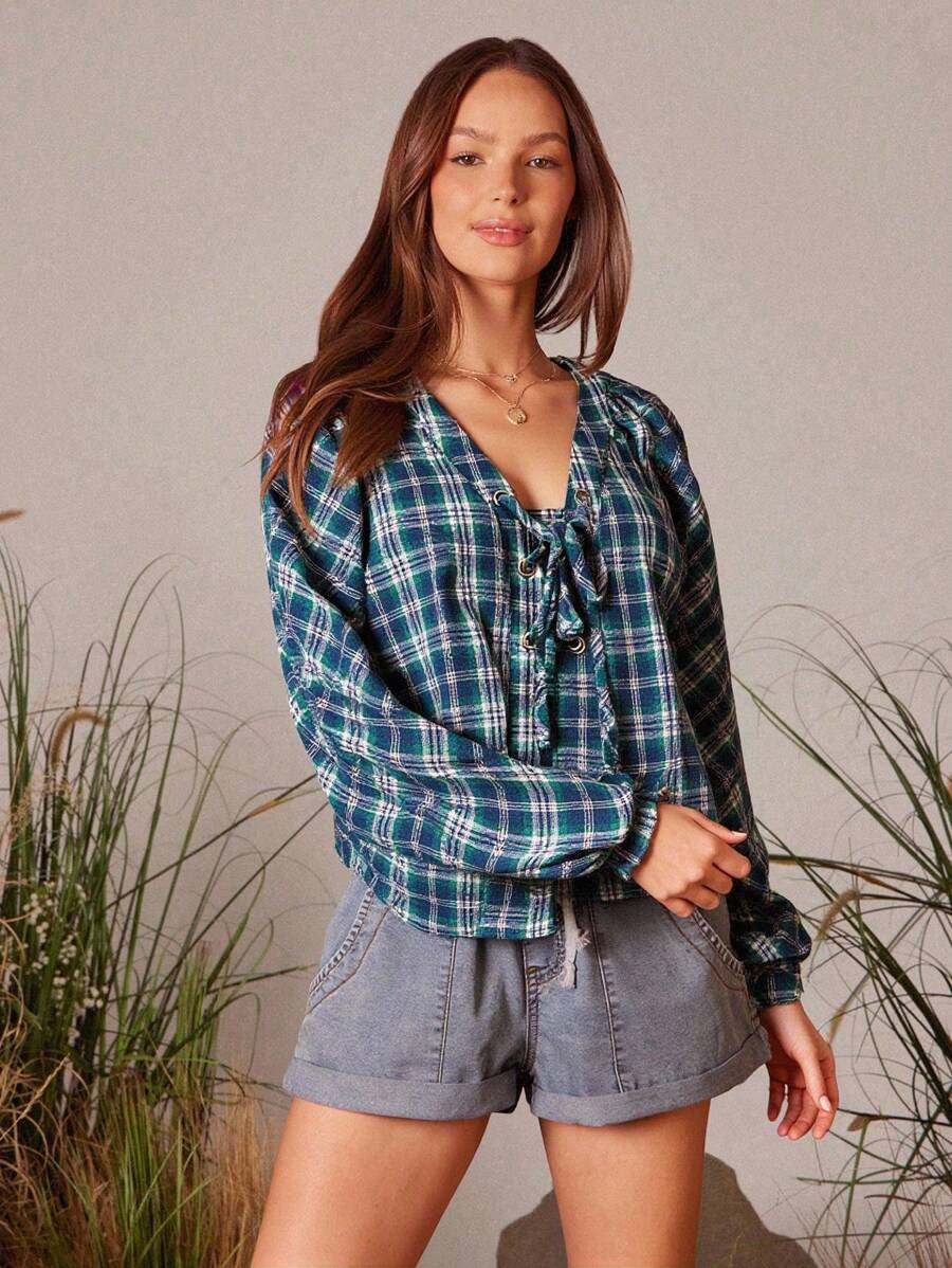 WESTFADE Blusa de mangas farol largas con cuello en V, lazada y estampado de cuadros al estilo occidental para Nashville - Verde Oscuro - Ver 1
