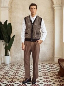 Manfinity CityGents Men's Old Money Casual Commuter Diamond Pattern V-Neck Knit Vest With Pockets Brown Vest Men Sweater Vest Old Money Aesthetic, Fall/Winter