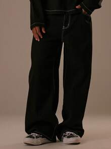 Musero 水洗直筒撞色缝线牛仔裤（仅裤子）/冬季 - 黑色 - 查看 2