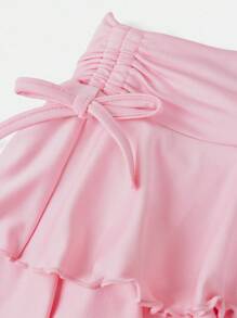 SHEIN Girlism Rok Rajut Kasual Gaya Jalanan untuk Remaja Perempuan, Warna Polos, dengan Tali Serut di Pinggang dan Hem Berlipit, Cocok untuk Musim Gugur dan Musim Dingin. - Berwarna merah muda - View 3