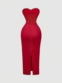 SHEIN X Belle Mariano SHEIN MOD 优雅亮片拼布露肩连衣裙 - 紅色 - 查看 2