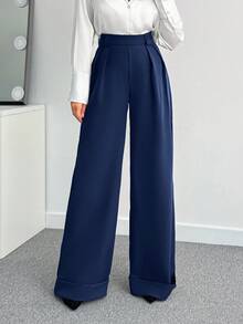 SHEIN Tall 女款純色高腰寬腿長褲，適合高個女性 - 藏蓝色 - 查看 5