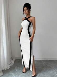 Rafferiza 女士时尚优雅撞色修身连衣裙 - 黑與白 - 查看 7
