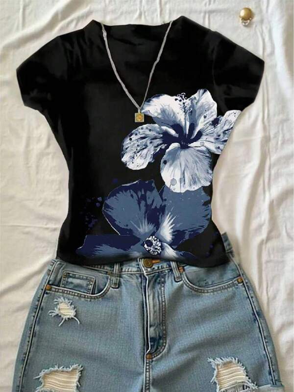 INAWLY Women's Casual Floral Print Short Sleeve T-Shirt, Summer