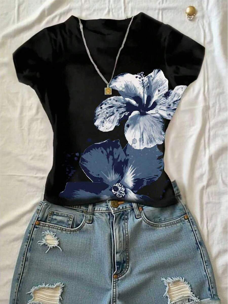INAWLY 女士休闲花卉印花短袖T恤，夏季 - 黑色 - 查看 1