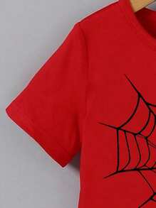 SHEIN 2pcs Toddler Boys' Casual Spider Web Print Short Sleeve T-Shirt And Shorts Set Spider Graphic Tee Halloween Baby Boy Clothes Baby Boy Spider Outfit Toddler Graphic Tshirts Infant Graphic Tees