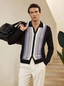 Manfinity Homme Áo khoác cardigan sọc tương phản thường ngày dành cho nam - màu đen - Xem 6