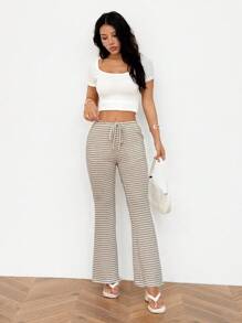 SHEIN PETITE 女式休闲通勤条纹喇叭裤 - 棕色 - 查看 6