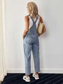 EMERY ROSE Patched Pocket Denim Overalls Without Tee - Light Wash - View 2