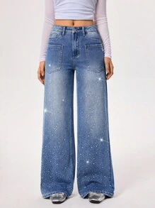 Rivivi Fashionable Commuter Washed Rhinestone Embellished Wide Leg Jeans - Light Wash - View 3