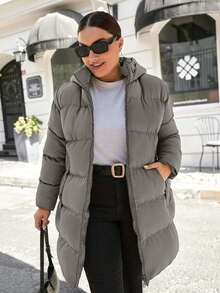 EURMUSE 大码女式纯色长袖拉链连帽休闲冬季夹克 - 深灰色 - 查看 4