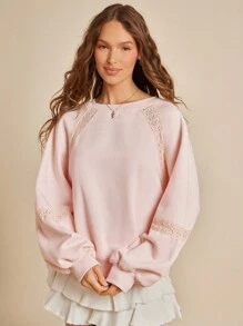 WESTFADE Fleece & Crochet Lace Crewneck Raglan Sleeve Boxy Fit Sweatshirt Back To School Fall Clothes - Pink - View 3