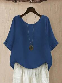 Linhara Damen Große Größen Rundausschnitt Lässig/Alltag/Outdoor/Einfach/Urlaub strukturierter grüner Pullover Top, Frühling/Sommer