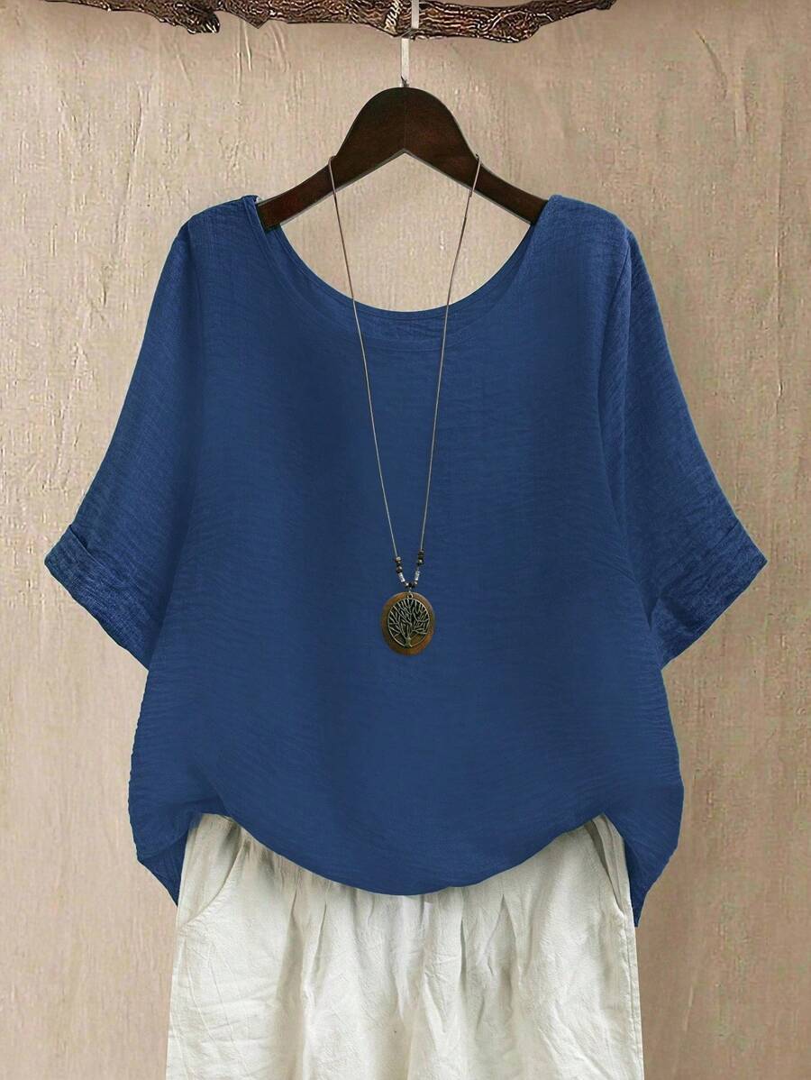 Linhara Damen Große Größen Rundausschnitt Lässig/Alltag/Outdoor/Einfach/Urlaub strukturierter grüner Pullover Top, Frühling/Sommer