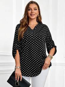 Miaspire Áo cánh tay cuộn cổ khoét họa tiết chấm bi thường ngày cỡ lớn dành cho nữ mùa thu - màu đen - Xem 1