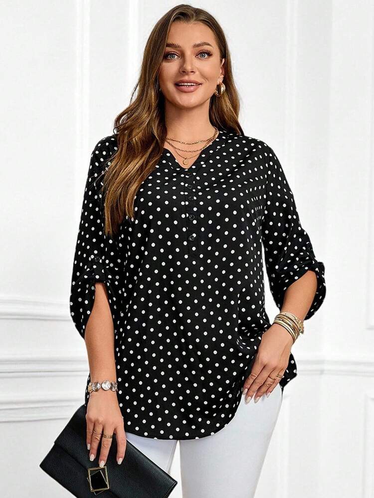 Plus Size Women's Casual Polka Dot Print Notched Neck Roll-Up Sleeve Fall Blouse,Spring/Summer/Vacation