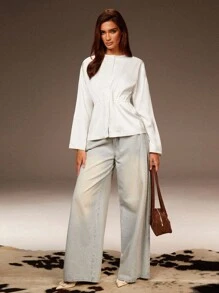 Athîral Women's Solid Color Drop Shoulder Long Sleeve Single-Breasted Casual Jacket,Old Money Style,Casual,Elegant, Fall Women Clothes - White - View 3