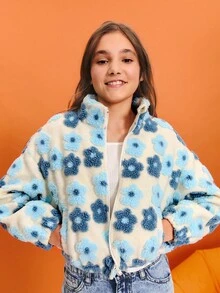 SHEIN Tween Girls' Casual Jacquard Knit Stand Collar Long Sleeve Jacket - Blue and White - View 1