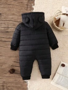 SHEIN Baby Boy Infant Toddler 0-3 Years Old Casual Daily Versatile Thermal Lined Flannel Furry Bear Ear Hooded Jumpsuit, Warm For Winter Outdoor - Black - View 2