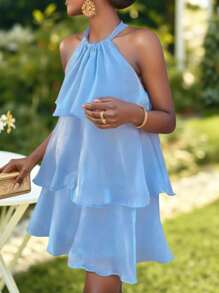 KARISMINA Women Fashion Ruffle Trim Sleeveless Halter Neck Mini Dress,Elegant,Sun Dress,For Summer Vacation,Women Summer Clothing