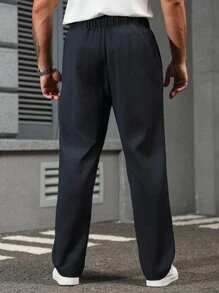 Manfinity Homme 男士简约纯色褶皱口袋西装裤，休闲日常穿着高腰休闲裤，商务正装风格，复古风 - 藏蓝色 - 查看 2