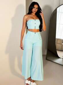 Zolique Women's Elegant Baby Blue 2 Pieces Set,Summer Vacation Bandeau Crop Top And Wide Leg Pants,Solid Color Casual Holiday Wear Outfits Spring Suit - Blue - View 1
