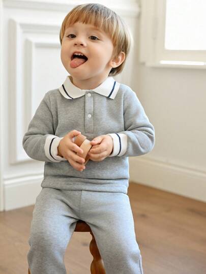 Souflis Souflis 2pcs/Set Toddler Boys' Minimalist Polo Collar Grey Long Sleeve Top And Grey Cuffed Pants, Autumn/Winter Baby Tracksuit Baby Boys Outfit Baby Casual Sets Baby Clothing Boy