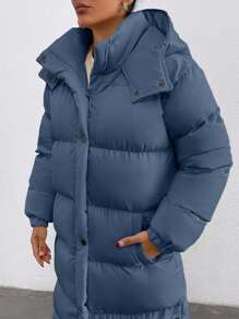 EURMUSE Keep Warm Feature, Maxi Lenght, Side Popper Detailed Puffer Winter Coat - Blue - View 5