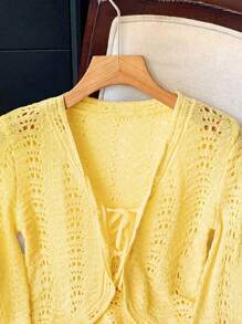 Franclia Women's Autumn Casual Simple Solid Color Bell Sleeve Front Knot Open Knit Crop Yellow Cardigan Fall Winter Cloth For Women - Yellow - View 3