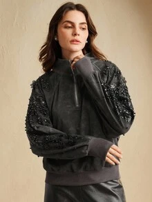 Anewsta Crew Neck Sleeve Patch Sweatshirt, Long Sleeve, Suitable For Fall, Autumn, Winter, Elegant, Chic, New Year, Casual - Black - View 5