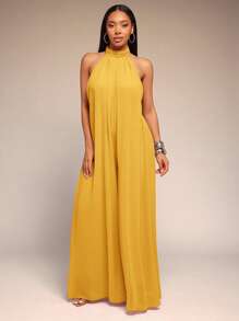 Vixey Solid Chiffon Halter Neck Open Back Wide Leg Jumpsuit - Yellow - View 4