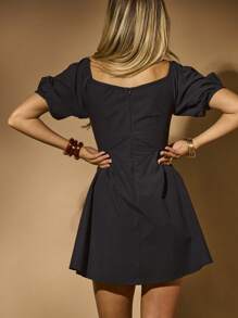 Aralina 女士优雅纯色泡泡袖迷你连衣裙，夏季 - 黑色 - 查看 2