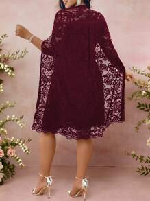 Cravure Women's Plus Size Round Neck Slit Long Sleeve Cape Loose Fit Lace Dress Summer Women Outfit Spring Dress Elegant Lace Dress Wedding Women Dress Romantic Dress Wedding Guest Business Casual Dress - Burgundy - View 2