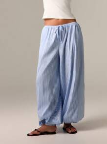 AiiRZ 灯笼哈伦裤棉质休闲抽绳阔腿夏季沙滩家居服假日休闲宽松地中海风格竖条纹裤带侧袋
