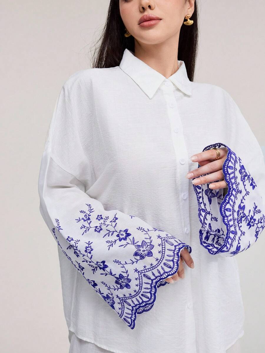 Veilorie Floral Embroidery Drop Shoulder Shirt - White - View 1