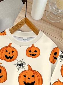 SHEIN Felpa ampia con girocollo comoda in maglia per ragazzi, con semplice motivo di Ognissanti, adatta per autunno/inverno