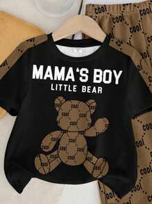 SHEIN 男婴休闲时尚经典酷炫可爱小熊印花，花卉印花圆领短袖T恤上衣，印花裤套装，适合夏季、秋季、学校、返校，“MAMA'S BOY LITTLE BEAR Cool”，“Puppy Keep” - 彩色 - 查看 4