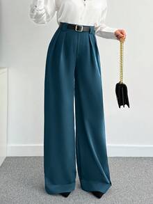 SHEIN Tall 女士纯色高腰阔腿裤 - 墨綠色 - 查看 3
