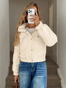 Easowa Button & Zipper Front Slant Pocket Hooded Long Sleeve Casual Loose Commuter Vintage Style Padded Coat For Women, Autumn/Winter Winter For Women Winter For Women Women Winter Jacket For Women Winter Jacket Women Cropped Jackets Fall For Women Corduroy Jacket Casual Women Outerwear - Apricot - View 4