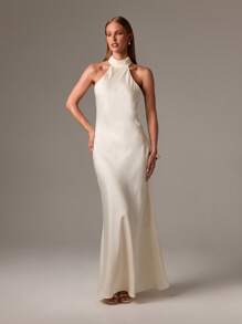 AiiRZ Đầm Maxi dạ hội cổ cao thanh lịch, dáng ôm vừa vặn, dài chấm đất, dành cho khách dự tiệc cưới, váy dài bằng vải satin cho những dịp đặc biệt - Màu be - Xem 3